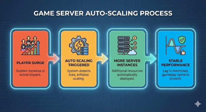 Flowchart showing game server auto-scaling_ Player Surge triggers Auto Scaling, deploying More Server Instances, resulting in Stable Performance with minimized lag.