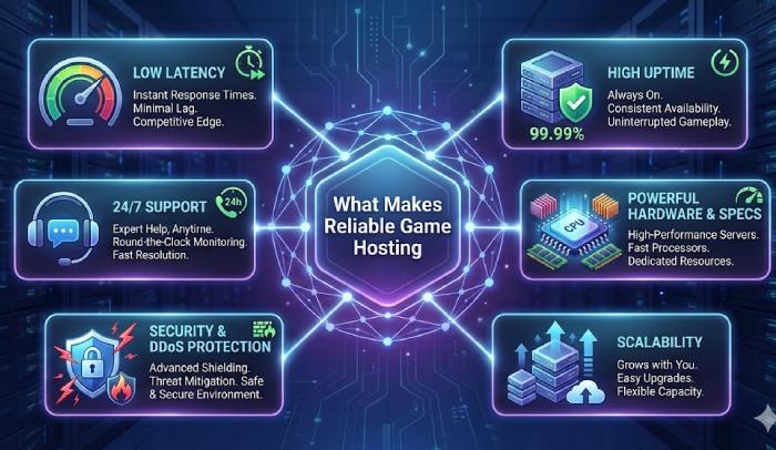 Infographic listing 6 pillars of reliable game hosting_ low latency, high uptime, powerful hardware, scalability, DDoS security, and 24_7 support.