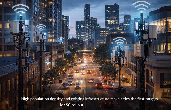 Dense urban environment with visible telecom infrastructure and small cell installations