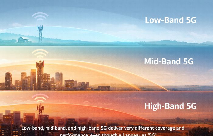 Visual comparison of low-band, mid-band, and high-band 5G coverage areas and signal reach