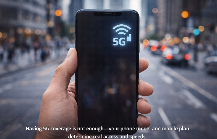 Smartphone showing a 5G signal icon while connected to a mobile network in an urban setting