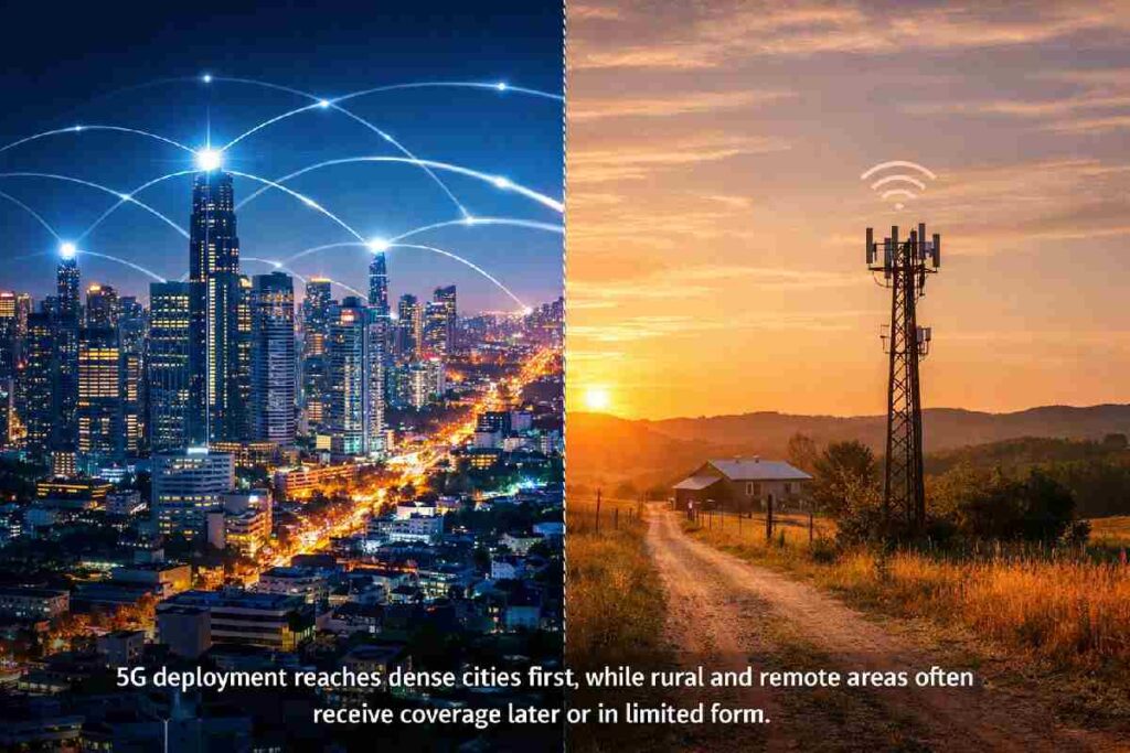 Urban city skyline with visible 5G network towers contrasted against a rural landscape with limited connectivity
