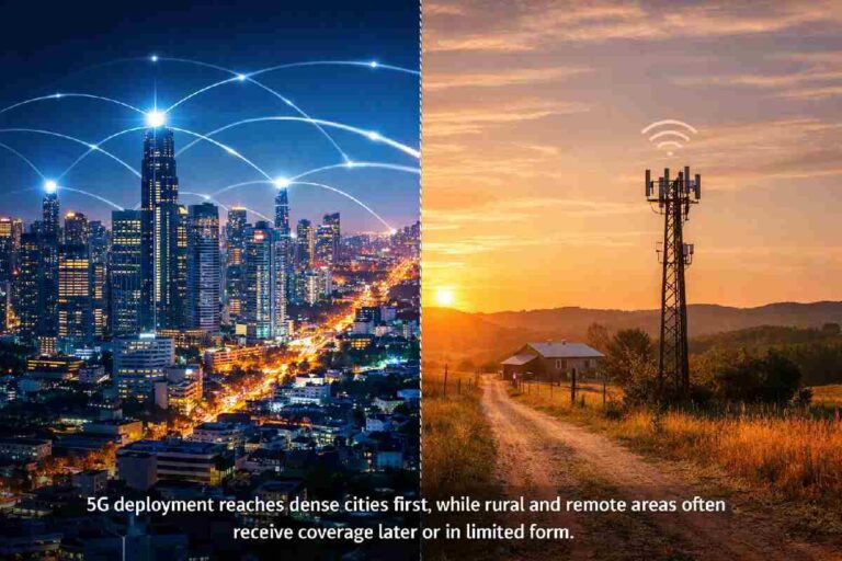 Urban city skyline with visible 5G network towers contrasted against a rural landscape with limited connectivity