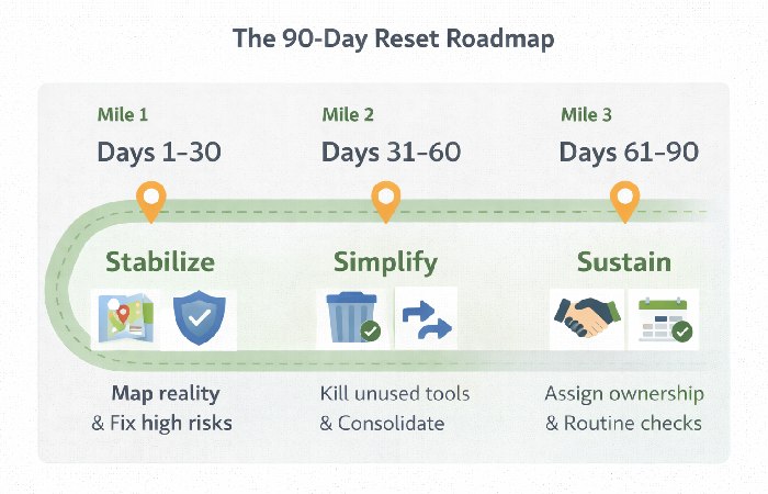 A 90-day roadmap timeline for stabilizing, simplifying, and sustaining small business technology operations.