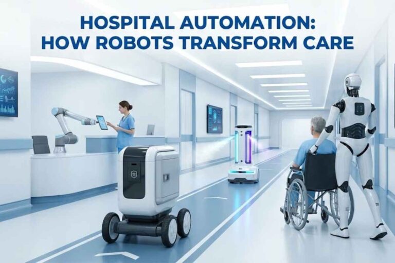 Futuristic hospital corridor with humanoid, disinfection, and delivery robots working alongside a human staff member, under the title 'HOSPITAL AUTOMATION_ HOW ROBOTS TRANSFORM CARE'.
