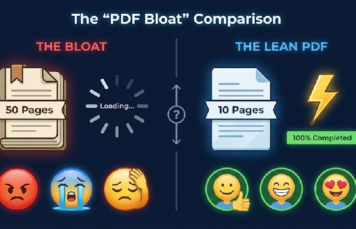 Comparison of a bloated 50-page PDF with slow load times versus a lean, optimized PDF showing high user engagement.