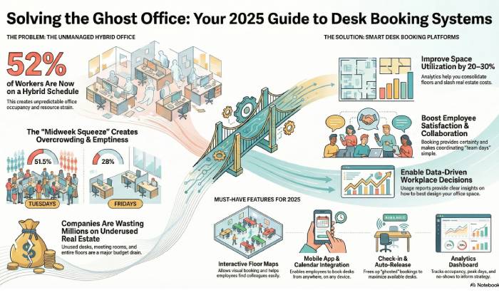 Shows 52% hybrid work trends and how tools like floor maps and analytics solve _Ghost Offices_ by improving space utilization by 20-30%.