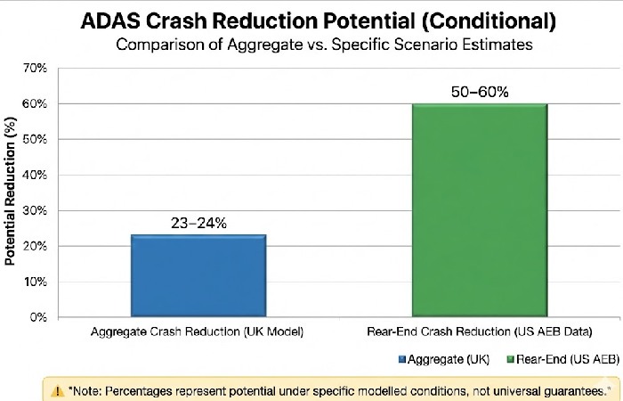 A bar chart showing a 24% potential aggregate crash reduction in the UK and a 50-60% reduction in rear-end crashes using AEB in the US.