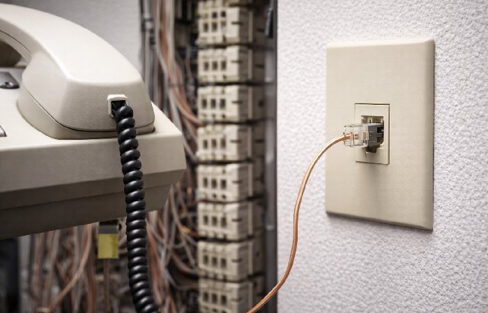 Analog telephone line connected to wall jack in a business setting