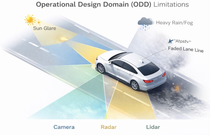 A technical diagram illustrating how rain, sun glare, and faded lane markings can disrupt vehicle sensors like cameras and radar.