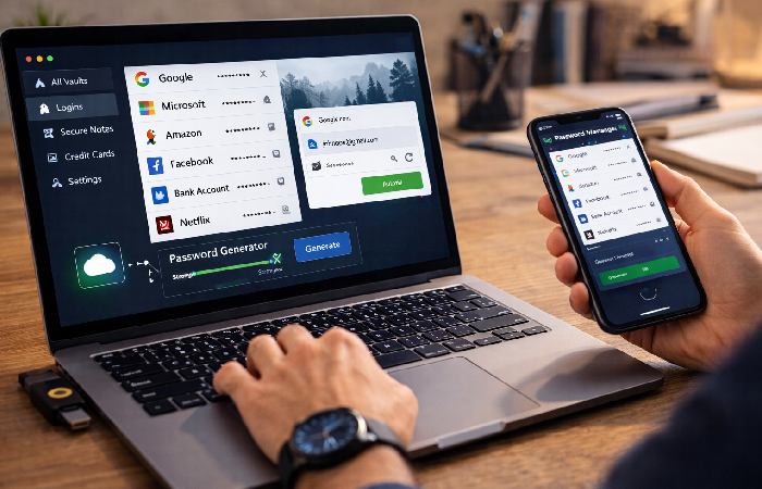 Password manager app running on laptop and smartphone with autofill functionality