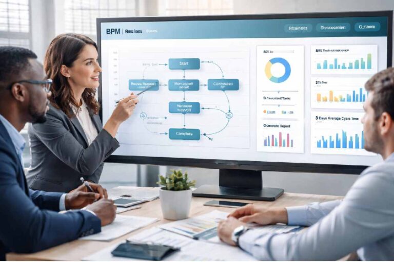 Business team analyzing automated workflows on a process management dashboard