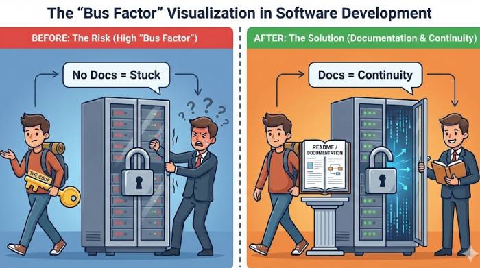 Illustration of the "bus factor" showing how proper documentation ensures project continuity if a developer leaves.