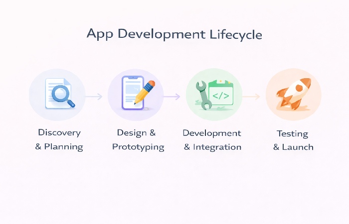 Timeline diagram showing discovery, design, development, and launch phases of a business mobile app.