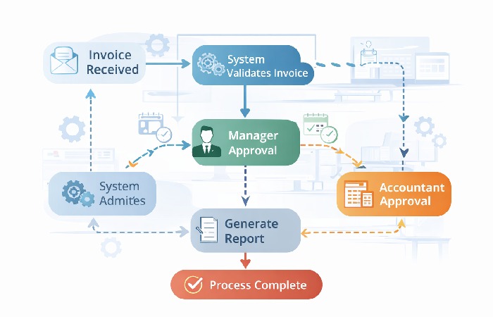 Visual representation of a business process workflow with automated steps and approvals