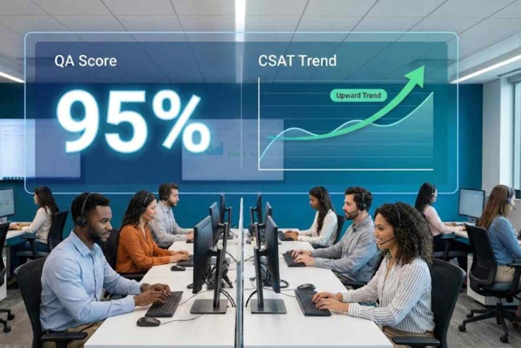 A professional call center agent wearing a headset looking at a digital dashboard displaying quality scores and customer satisfaction metrics.