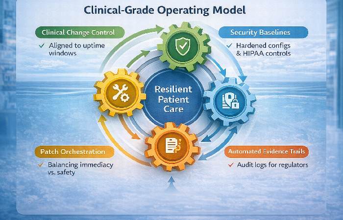 A circular diagram showing four connected components of healthcare IT governance: Clinical Change Control, Security Baselines, Automated Evidence Trails, and Patch Orchestration surrounding Resilient Patient Care.