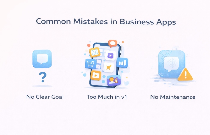 Illustration showing common mistakes in business mobile apps: no clear goal, too many features in version one, and lack of maintenance.