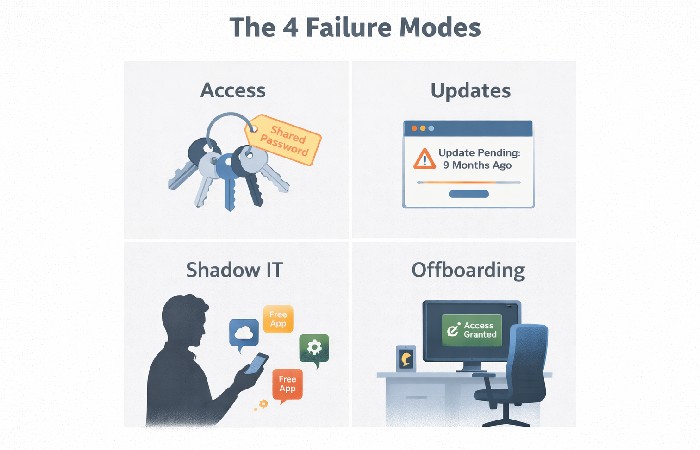 A quadrant chart illustrating four tech risks: access chaos, patch procrastination, shadow IT, and poor offboarding.