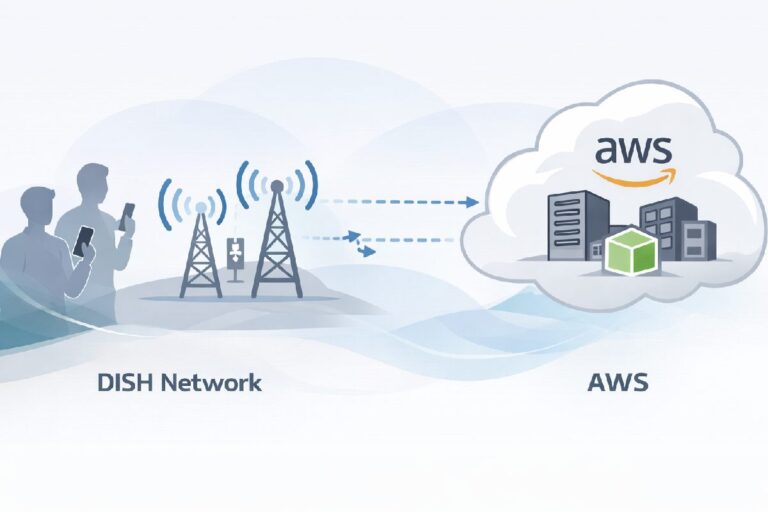Illustration explaining the DISH Amazon wireless carrier relationship and cloud-based 5G network model.