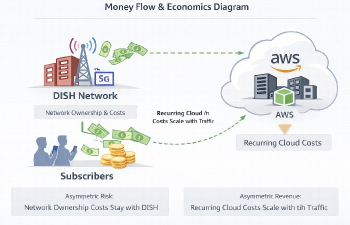 Money flow diagram explaining revenue and cloud cost distribution in the DISH Amazon wireless carrier model.