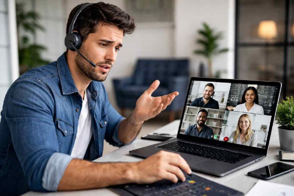 English Skills for Tech Workers: A Complete Guide (2026) tech worker struggling in online meeting