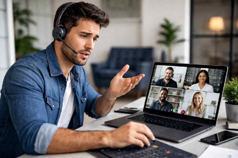 tech worker struggling in online meeting