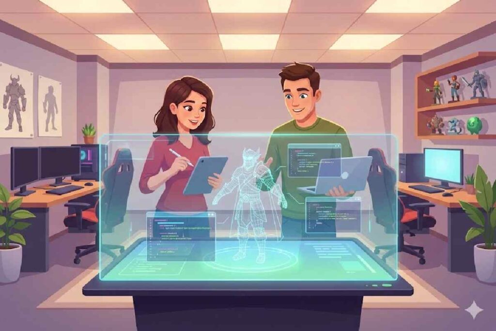 A game designer and engineer collaborating on a feasibility-first game design document (GDD) featuring 3D assets and technical specs.