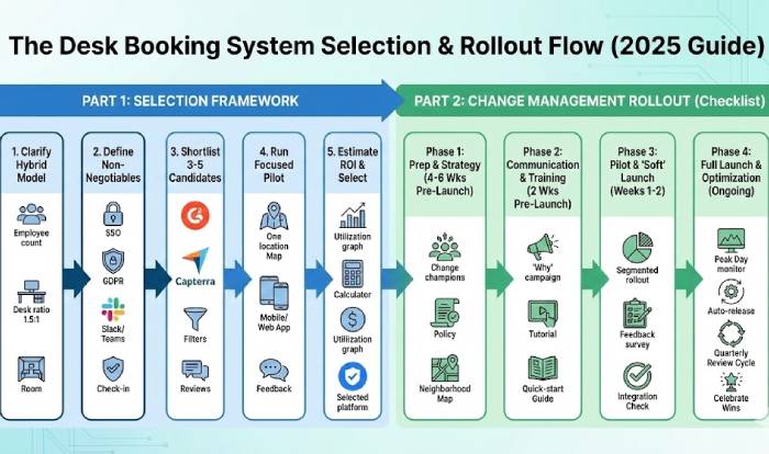 flow chart detailing the two-part process for selecting and rolling out a desk booking system in 2025, including a 5-step selection framework and a 4-phase change management checklist.