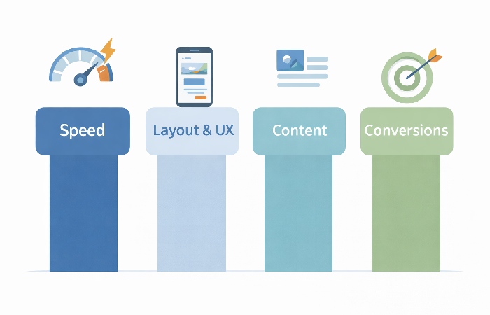 Diagram showing four pillars of a mobile-friendly website: speed, layout and UX, content and readability, and conversions.