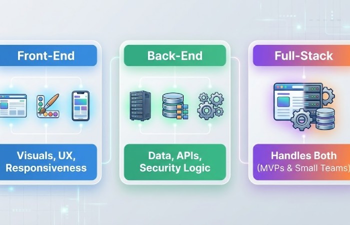 A comparison chart illustrating skill differences between front-end, back-end, and full-stack web developers.
