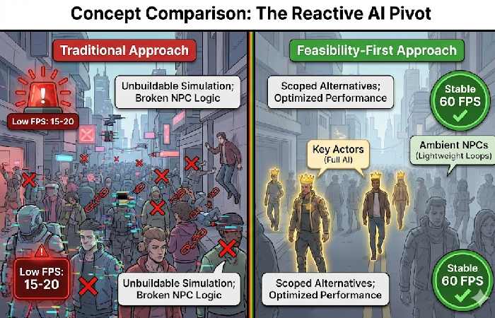 A visual case study comparing a failed unoptimized AI system versus a tiered AI system designed via a feasibility-first GDD.