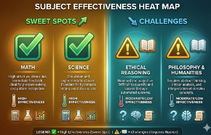 An infographic categorized into "Sweet Spots" (Math, Language, Science) and "Challenges" (Deep Reading, Ethics, Long-form Writing).