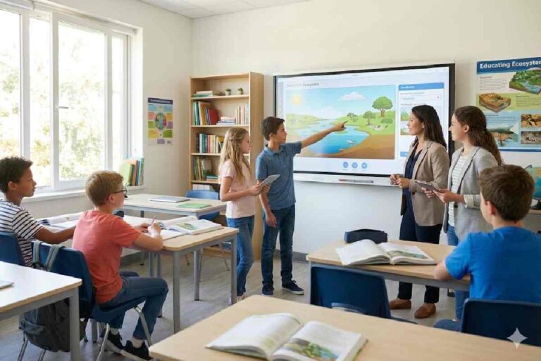 A diverse group of students in a modern classroom using tablets and collaborating on an educational game with a teacher guiding them in the background.
