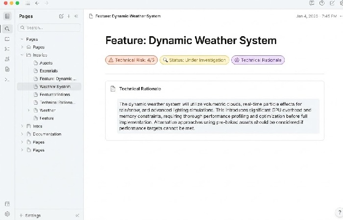 An example of GDD metadata showing technical risk tags and status indicators for a game feature.