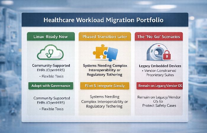 A strategy matrix categorizing healthcare IT workloads into three columns: Linux-Ready Now, Phased Transition Later, and 'No-Go' Scenarios for legacy devices.