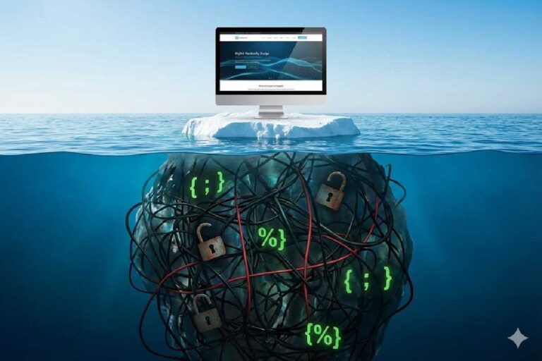 An iceberg with a website on screen above water, and a mess of wires, code, and unlocked padlocks below.