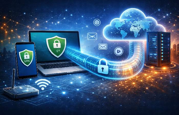 Diagram showing how a VPN encrypts data between a device and the internet