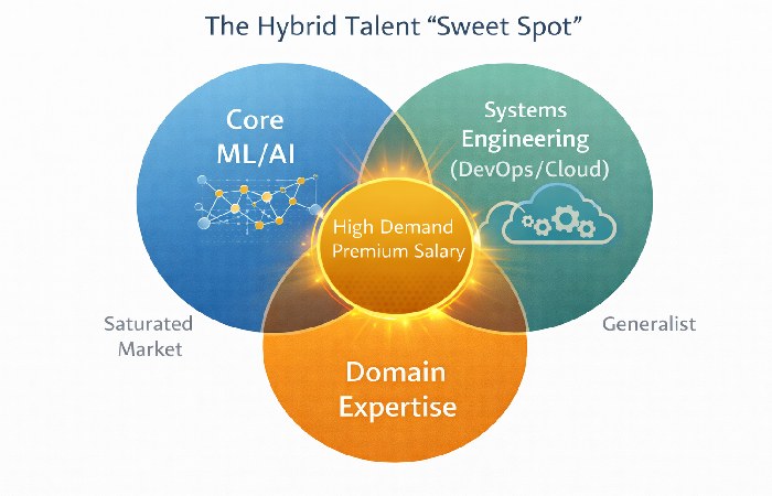 A Venn diagram showing the intersection of Machine Learning, Systems Engineering, and Domain Expertise as the most valuable skill set.