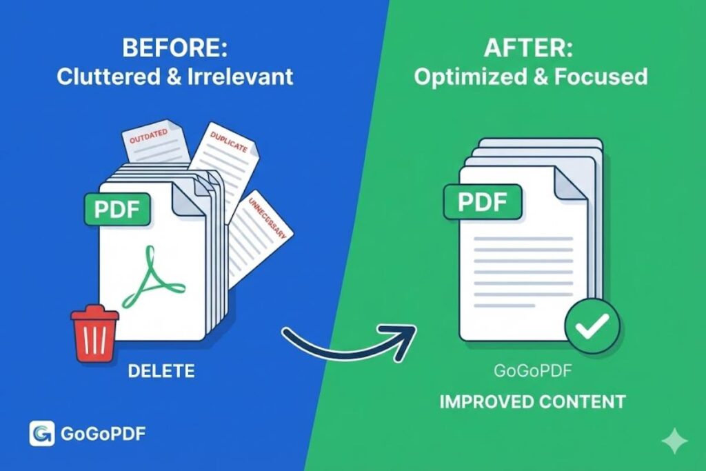 Comparison of a bloated 50-page PDF and an optimized 10-page PDF with happy and frustrated user icons.
