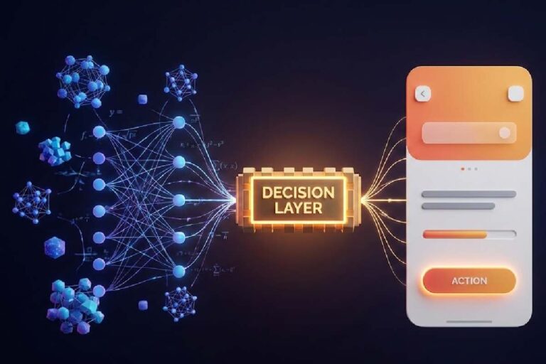 A conceptual illustration showing the Decision Layer connecting a machine learning model to a mobile application interface.