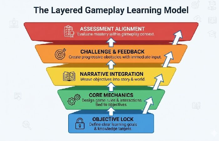 A vertical flowchart showing five layers: Objective Lock, Constraint Design, Feedback Loop, Reflection Bridge, and Assessment Alignment.