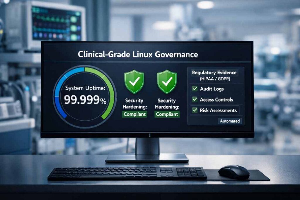 A professional healthcare IT dashboard on a clinical workstation, visualizing clinical risk management, security hardening, and regulatory compliance metrics on a Linux system.