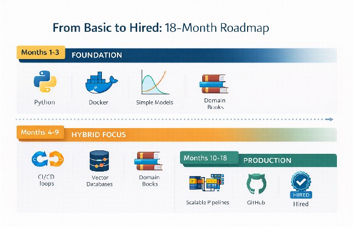 A step-by-step 18-month roadmap infographic for machine learning careers, covering foundation, hybrid skills, and production assets.