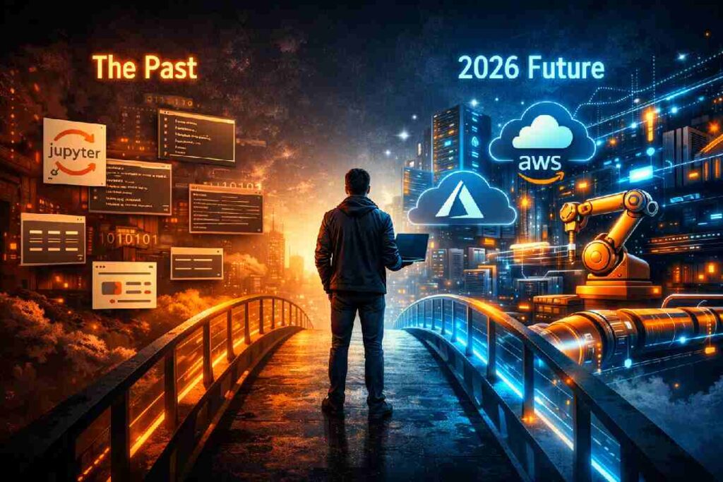 A futuristic concept art illustrating the evolution of machine learning jobs from basic coding to complex, cloud-based MLOps systems.