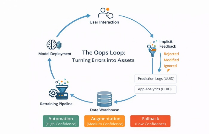 A circular diagram showing how user feedback and rejected predictions are fed back into the training pipeline to improve model accuracy.