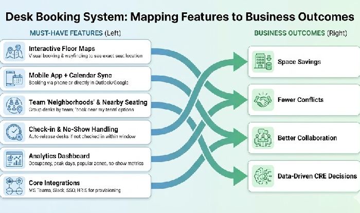 mapping six desk booking features (left) to four business outcomes (right), showing how capabilities like floor maps and analytics drive space savings and better collaboration.