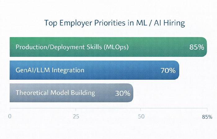 A bar chart showing that employers prioritize production and deployment skills significantly higher than theoretical modeling in 2026.