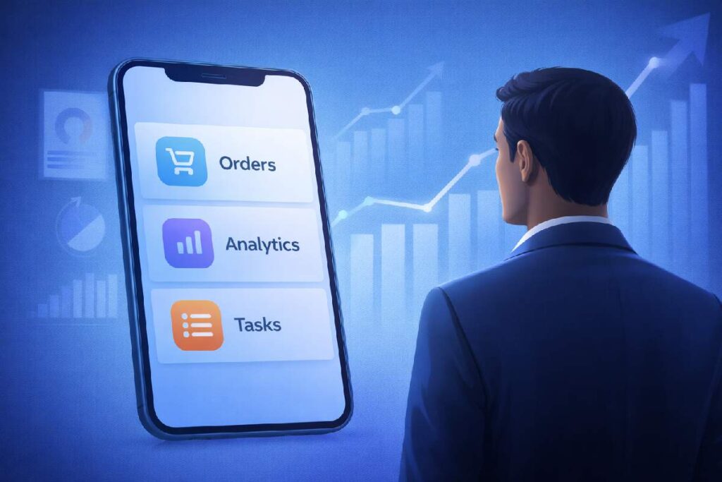 A business leader viewing a large smartphone screen with app icons for orders, analytics, and tasks.