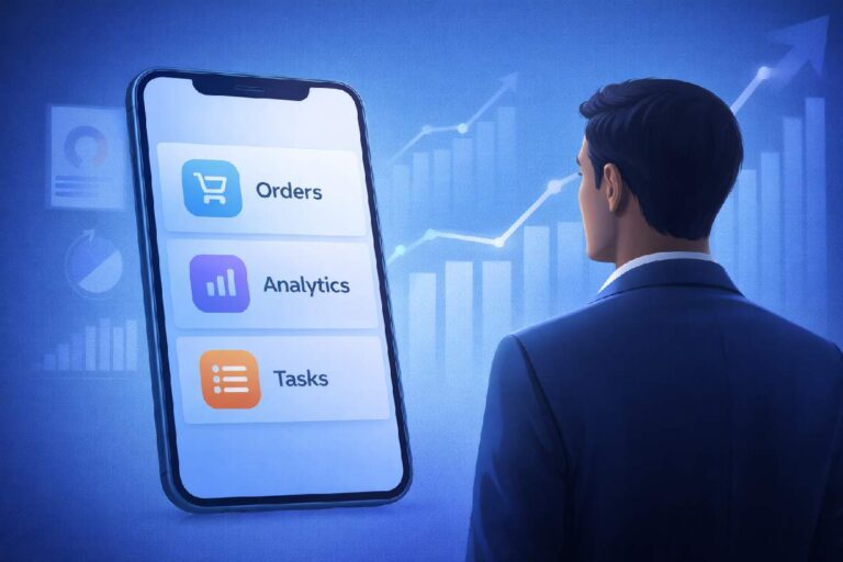 A business leader viewing a large smartphone screen with app icons for orders, analytics, and tasks.